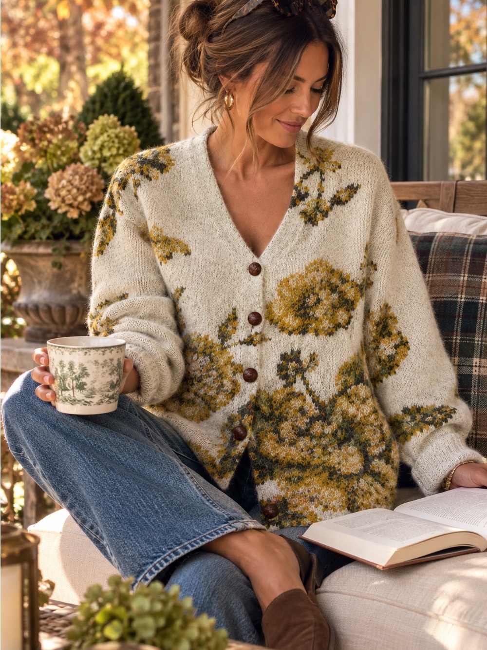 Woolrich for Target Women’s S Floral Fuzzy Cardigan Sweater Mustard Cream